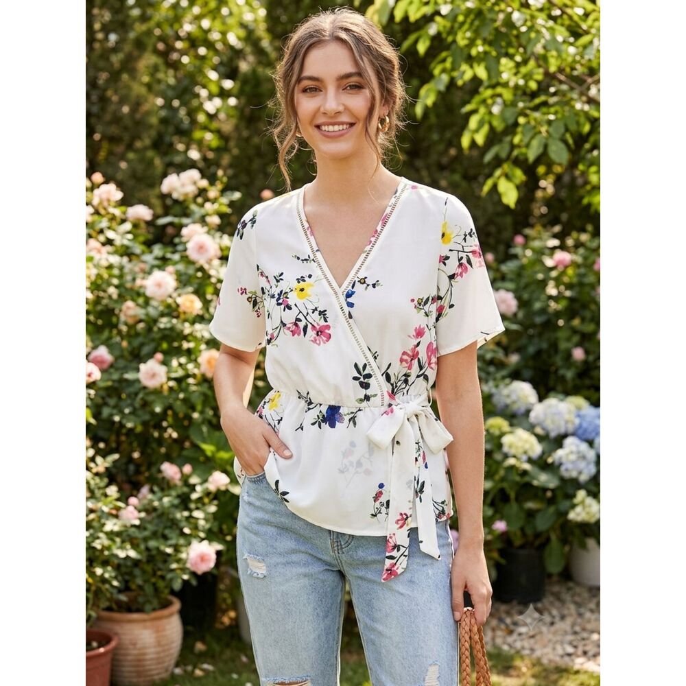 Sienna Sky Boho Floral Wrap Blouse, Medium EUC